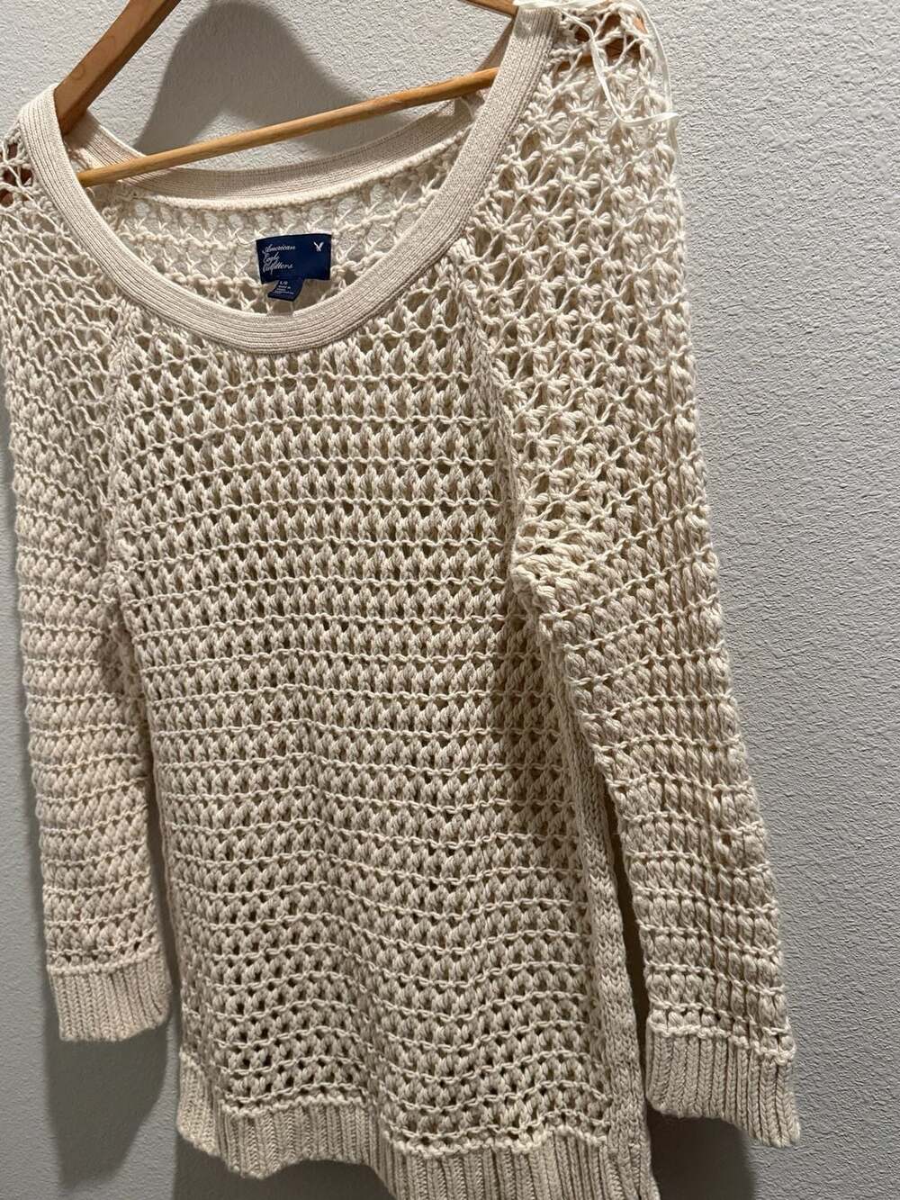 American Eagle Outfitters Cream Open Knit Crochet Fisherman Pullover Sweater - Picture 4 of 11